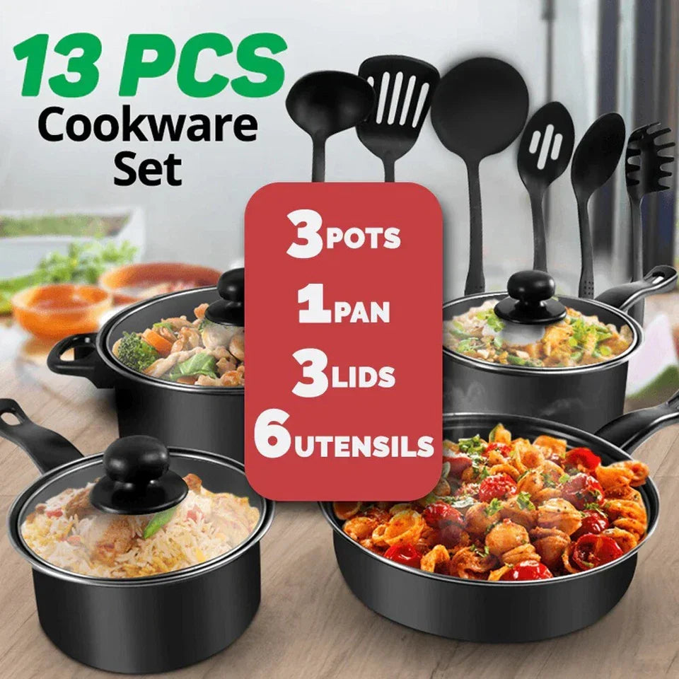 13pcs Cookware Set Pan Pot Non Stick Saucepans Frying Pan Cookware Set Glass Lid