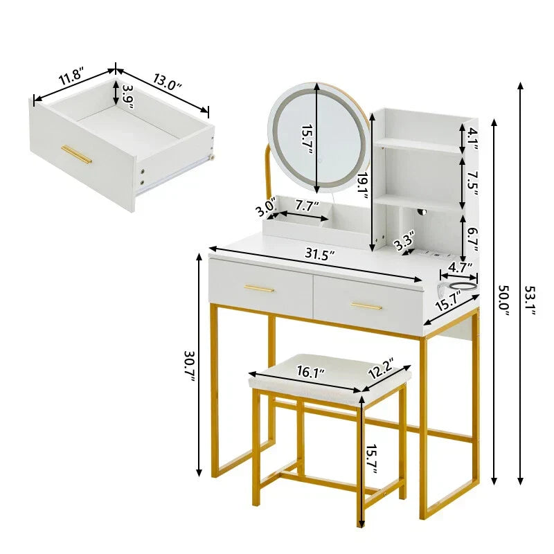 Dressing Table Round Mirror LED Lights Stool Vanity Table Makeup Desk Gold Leg