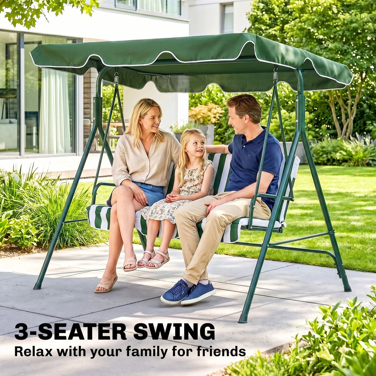 3-Seat Swing Chair Garden Swing Seat with Adjustable Canopy for Patio Green