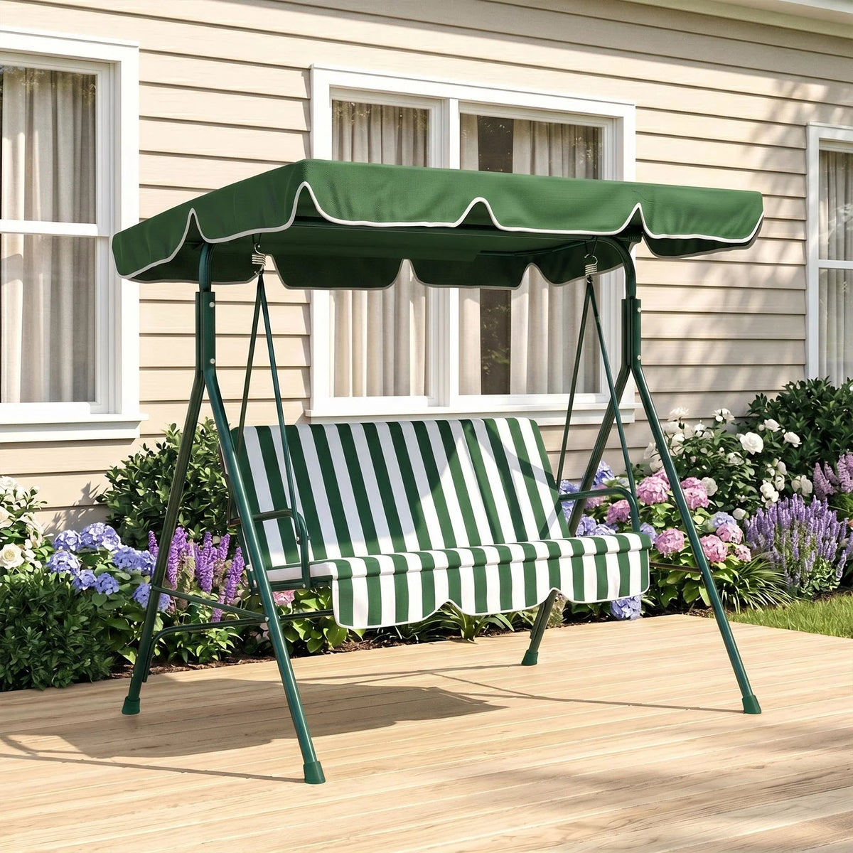 3-Seat Swing Chair Garden Swing Seat with Adjustable Canopy for Patio Green