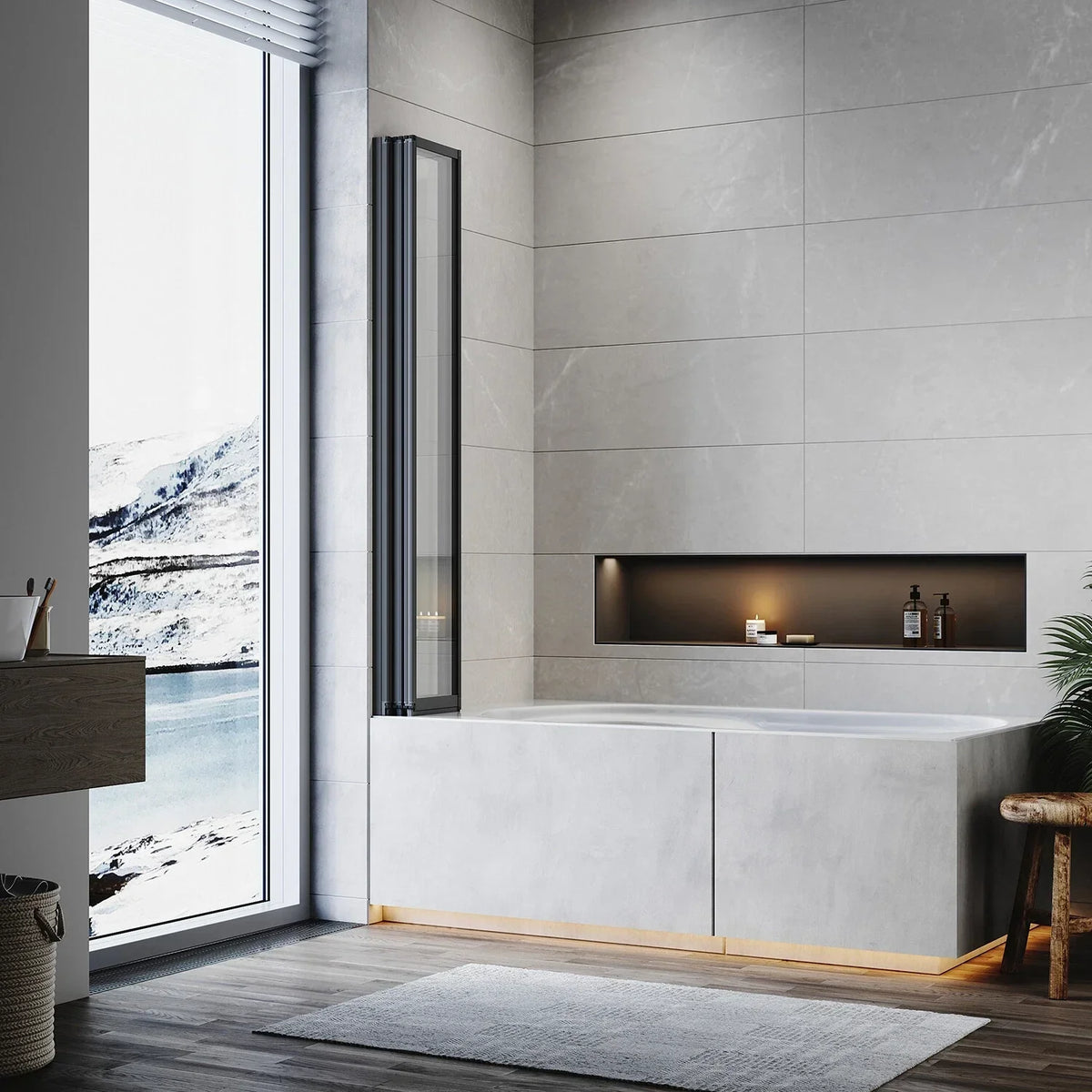 5 Folding Bath Shower Screen Black / Chrome Frame Wet Room Glass Panel 1200 x 1400mm