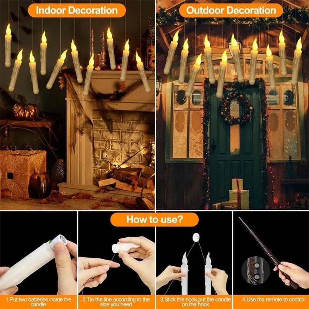 12PCS Floating Candles Halloween Hanging Harry Potter LED Candles Warm White