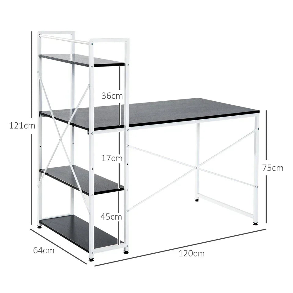 Computer Desk Laptop Table w/4-tier Bookshelf Metal Frame Black, White