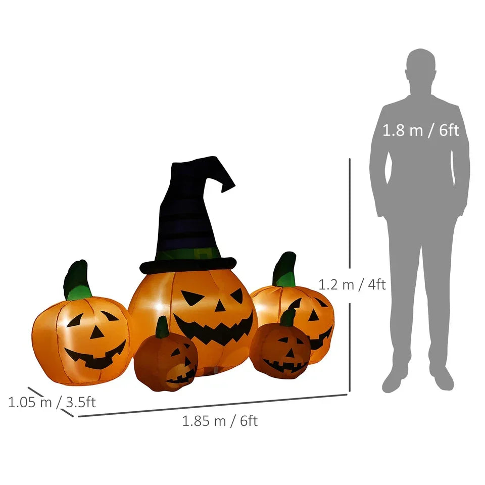 6ft Inflatable Halloween Large Pumpkin in Hat w/ Four Small Pumpkin LED