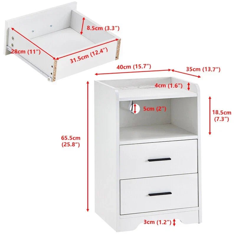 LED Light Bedside Table Nightstand High Gloss 2 Drawers USB Port Power Plug