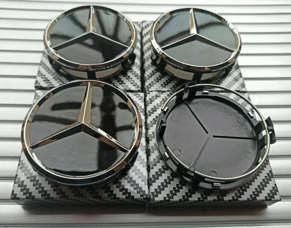 4 x Black Mercedes Benz 75mm Alloy Wheel Centre Caps AMG A B C E S M Class Hub.