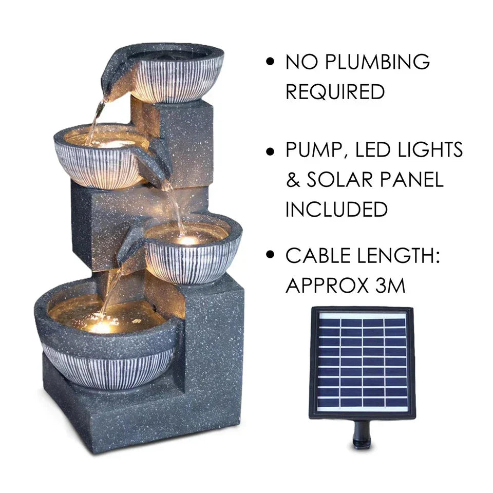 Solar Garden Water Feature Fountain Deco- ration 4 Tier Bowl LED Outdoor Indoor