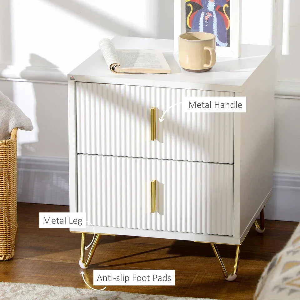 Bedside Table with 2 Drawers Gold Legs Side Table Nightstand Bedroom Furniture