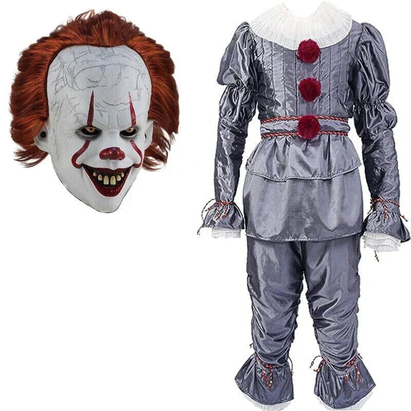 Adult Pennywise Clown Costume Halloween Cosplay Suit Outfit Fancy Dress Mask Men