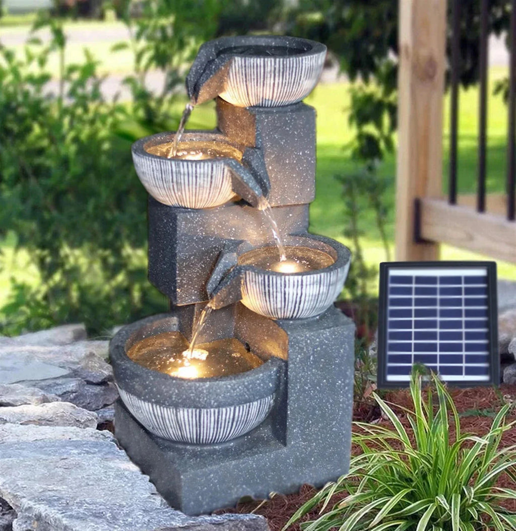 Solar Garden Water Feature Fountain Deco- ration 4 Tier Bowl LED Outdoor Indoor
