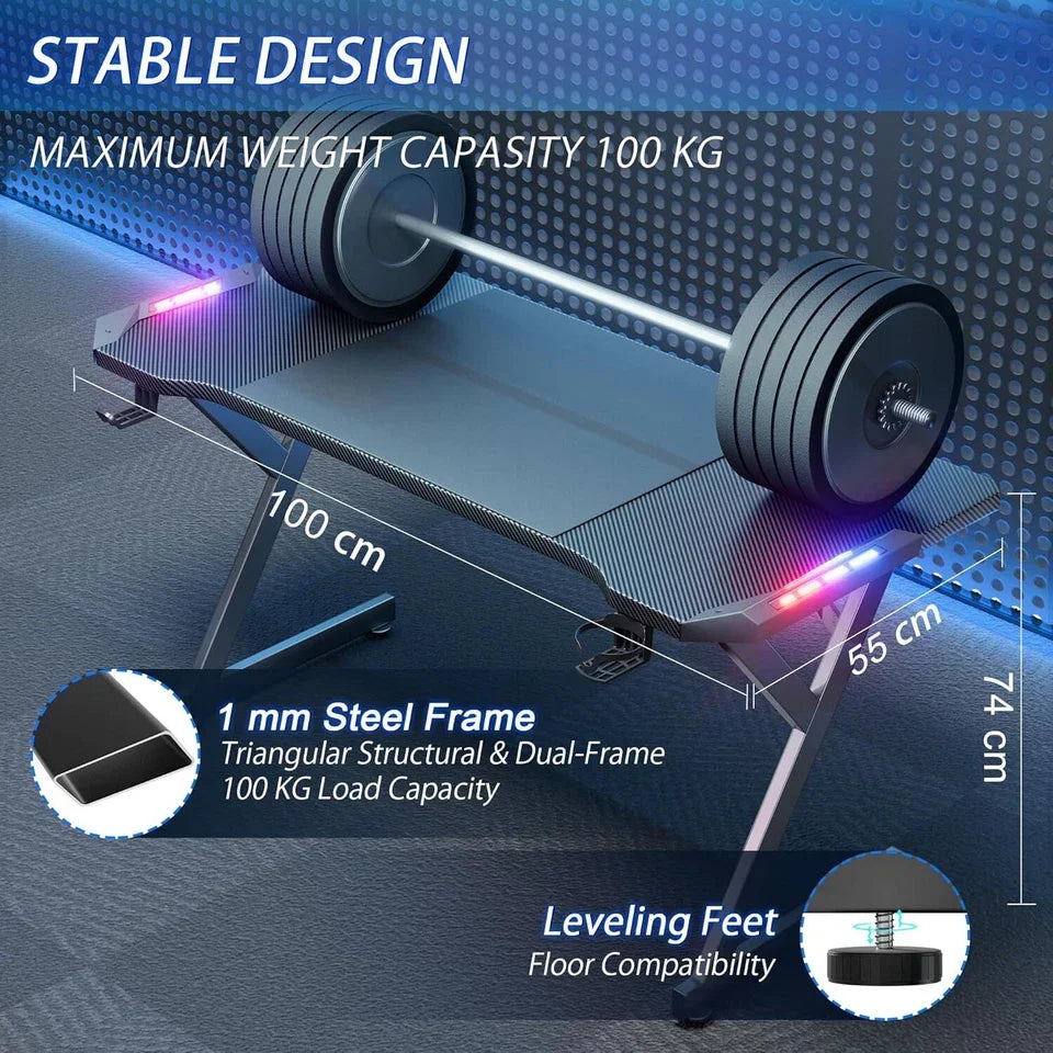 Gaming Desk LED RGB Computer Table Workstation w/ Cup Holder & Headphone Hook