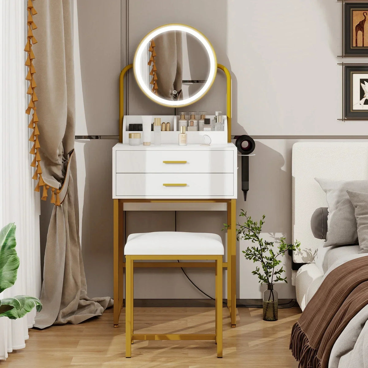 Modern Vanity Dressing Table LED Light Mirror Stool Shelves 2 Drawers Compact