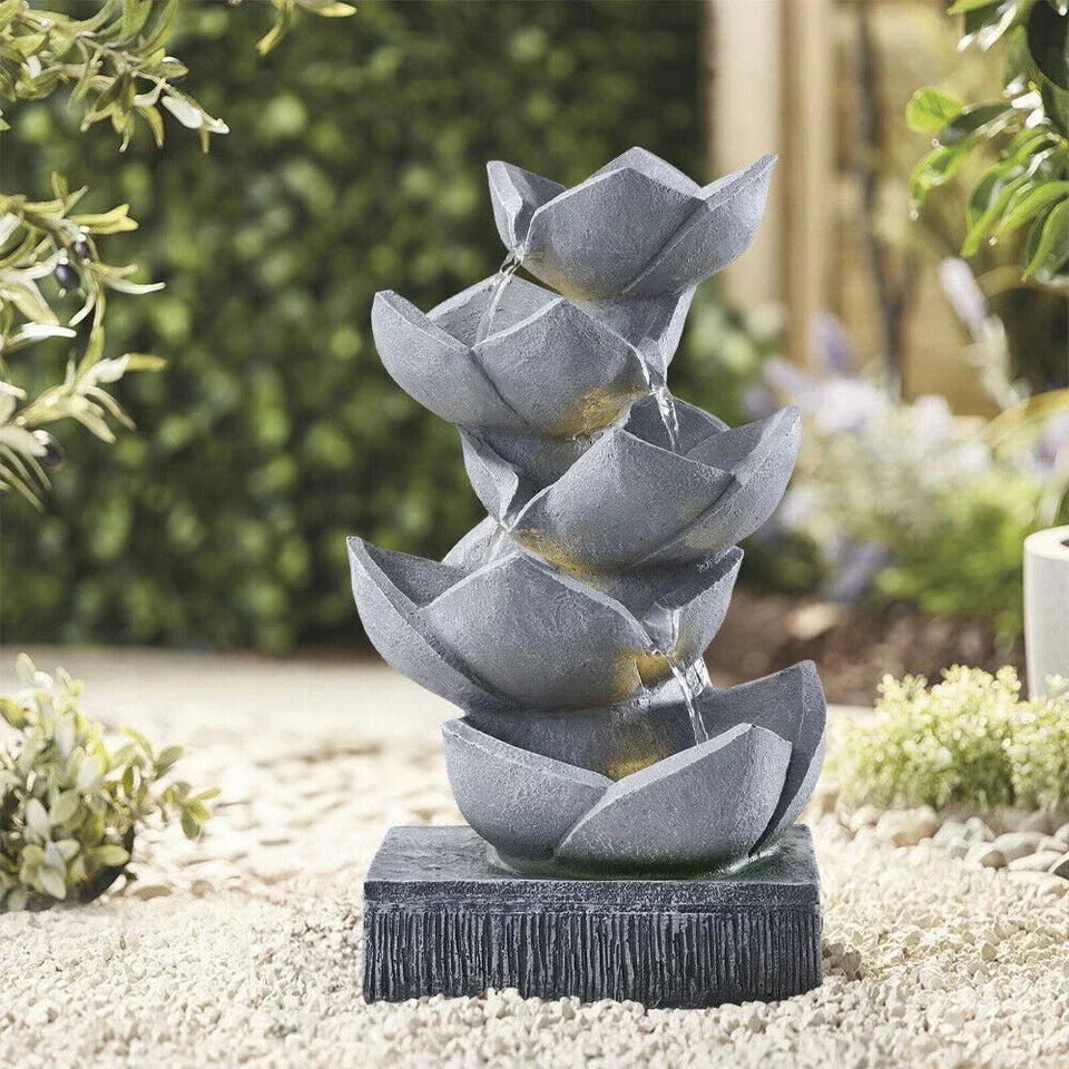Water Feature Lotus Cascading Fountain With Solar LED Light Outdoor Garden Decor