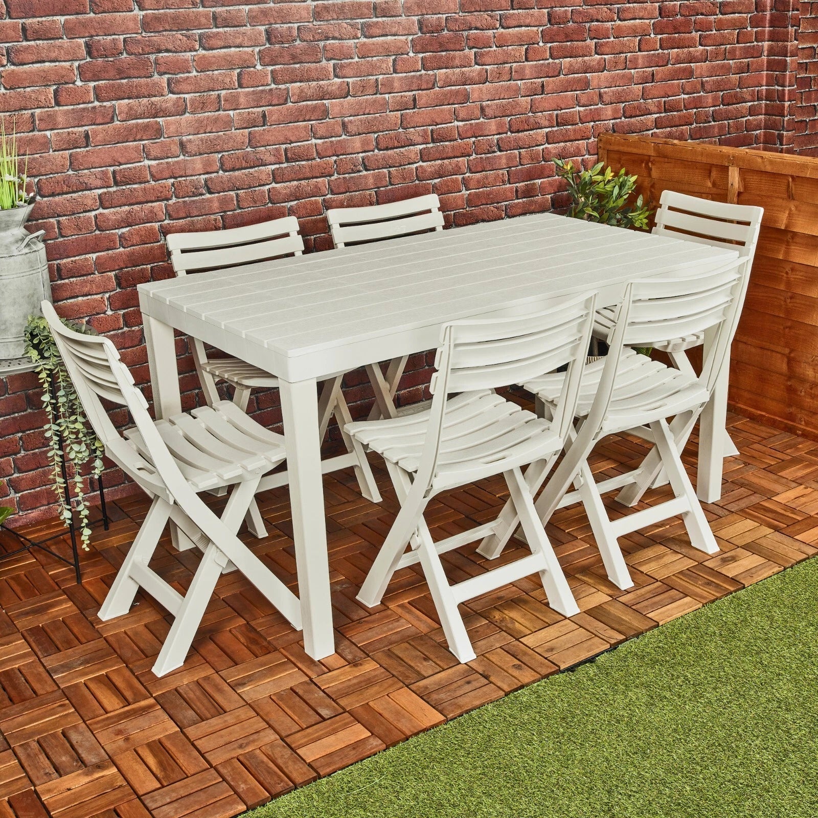 White Garden Plastic Patio Dining Large Table & Folding Chairs Outdoor Furniture