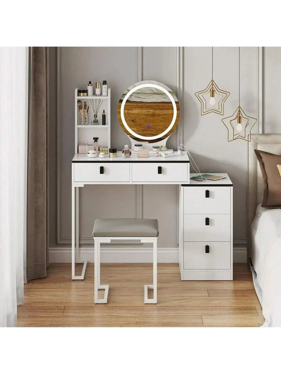 Dressing Table With Mirror Stool, Vanity Table Set With 3 Color Detachable LED