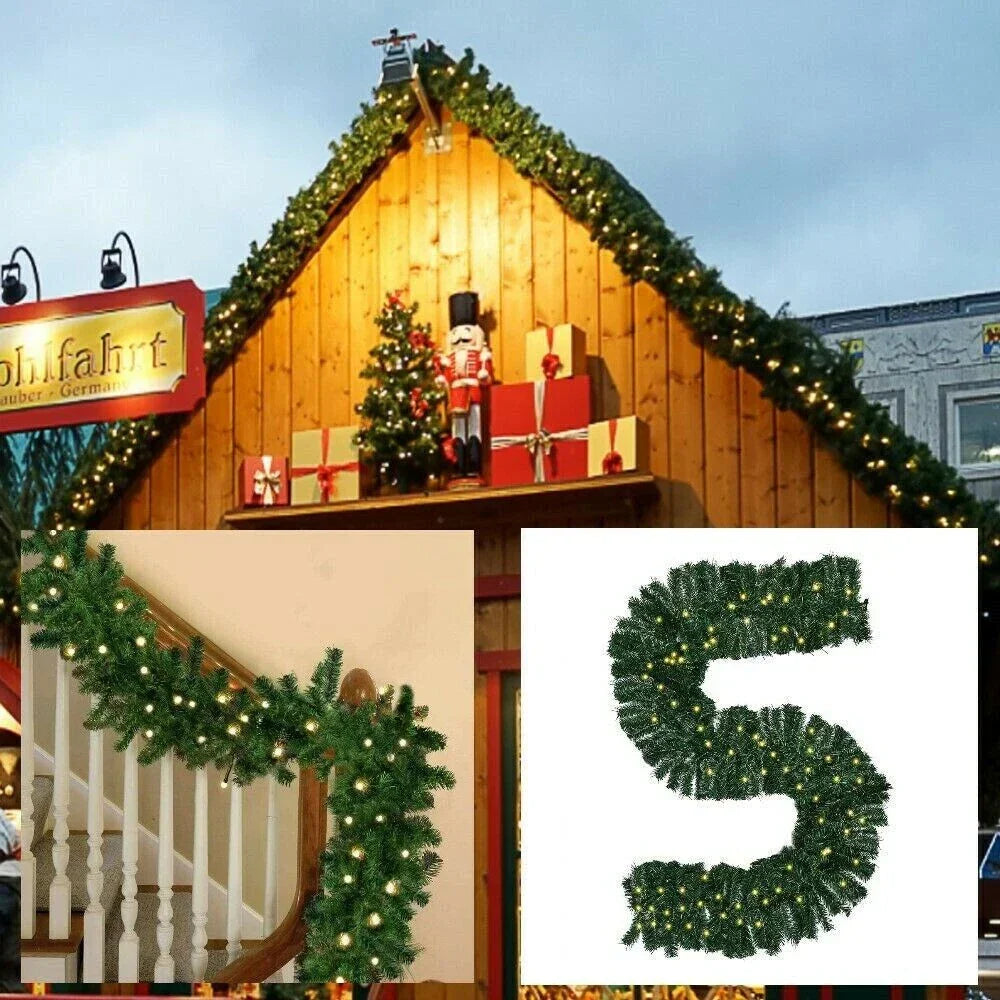 16FT Christmas Garland with LED Lights Pre Lit Stairs Home Fireplace Bushy Pine