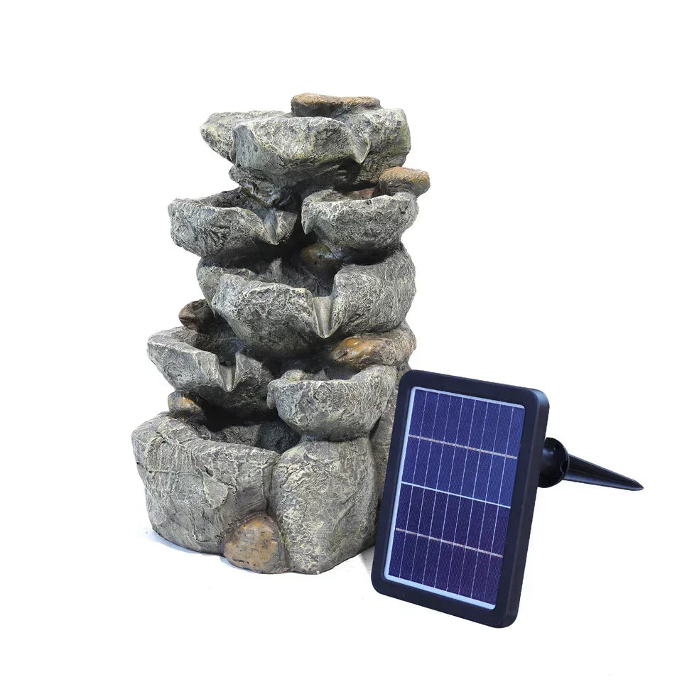 Solar Powered Cascading Stones Fountain LED Water Feature Garden Statues Pump