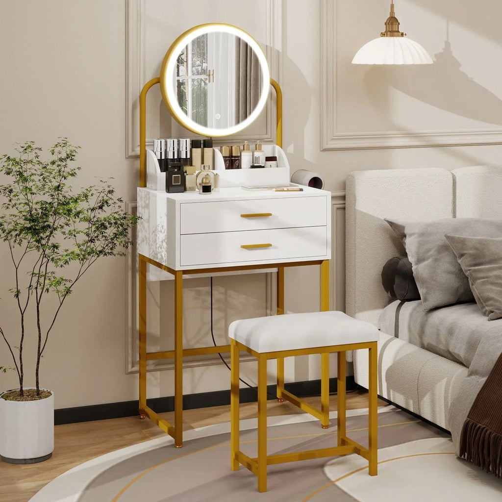 Modern Vanity Dressing Table LED Light Mirror Stool Shelves 2 Drawers Compact