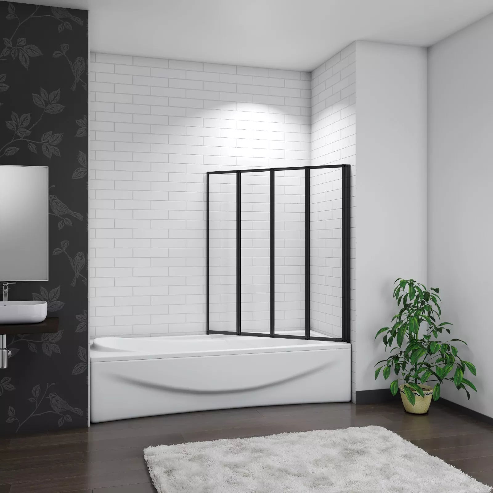 Matt Black 4 Fold Folding Bath Screen Shower Bathroom 4mm Glass Panel 900x1400