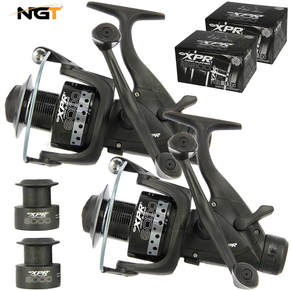 2x NGT XPR 6000 Carp Fishing Bait Runner Reels Twin Handle 10BB + Spare Spools