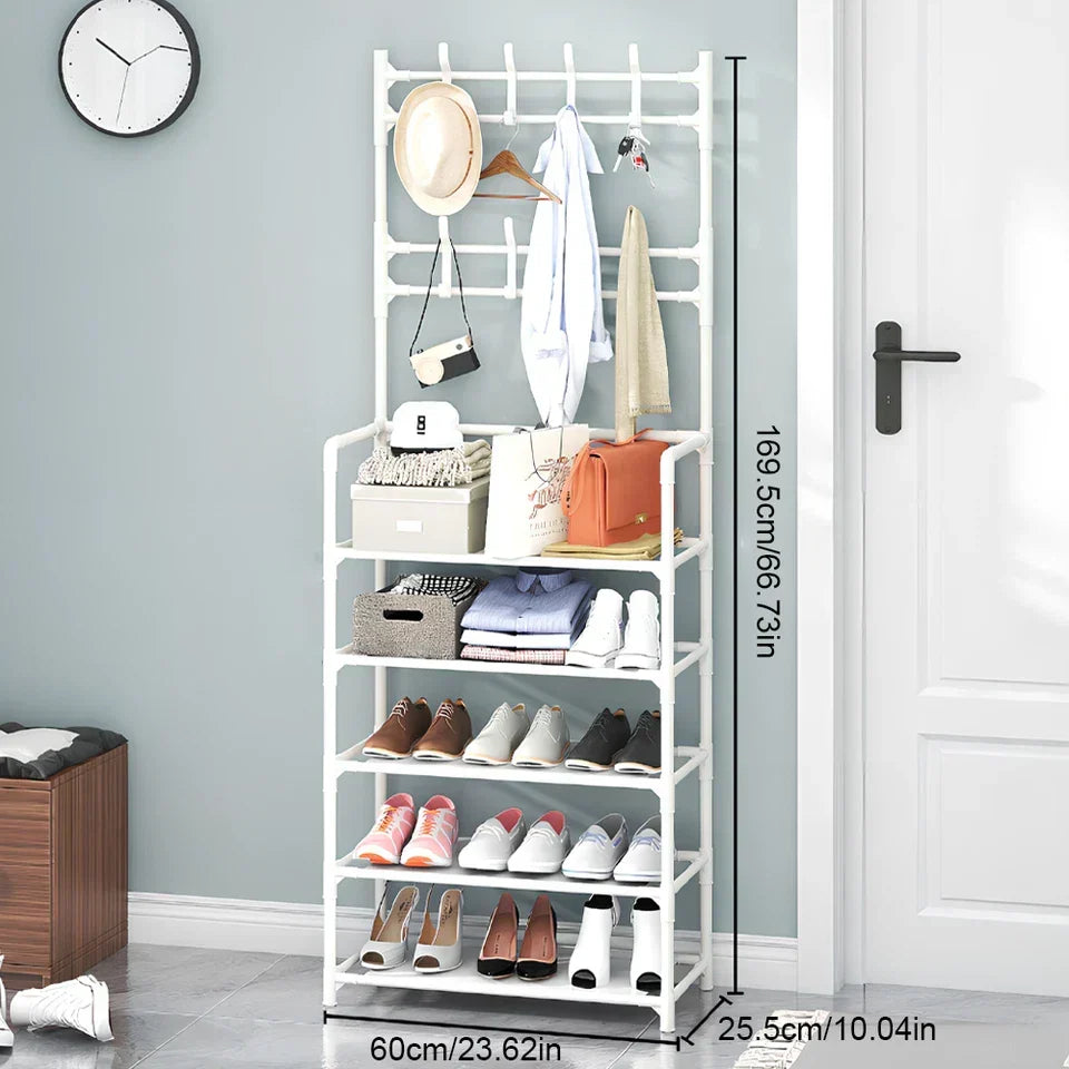 8 Hooks Coat and Hat Stand Metal + Plastic Shoe Rack Bedroom Shelf Hanger