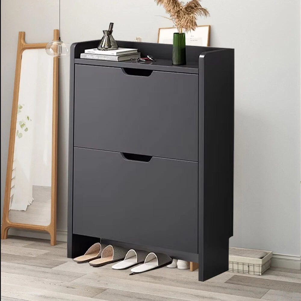2 Drawer Wooden Shoe Storage Cabinet | Shoe Rack Cupboard Organiser Holder Stand for Hallway, Entryway & Bedroom