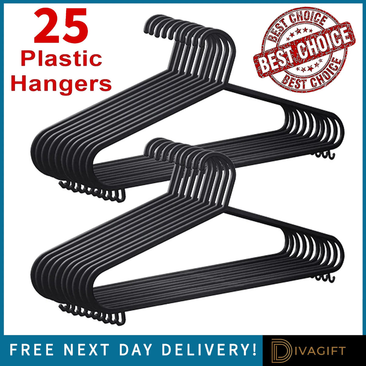 Black Plastic Coat Hangers 25 Pack | Heavy Duty Clothes, Trouser & Dress Hangers