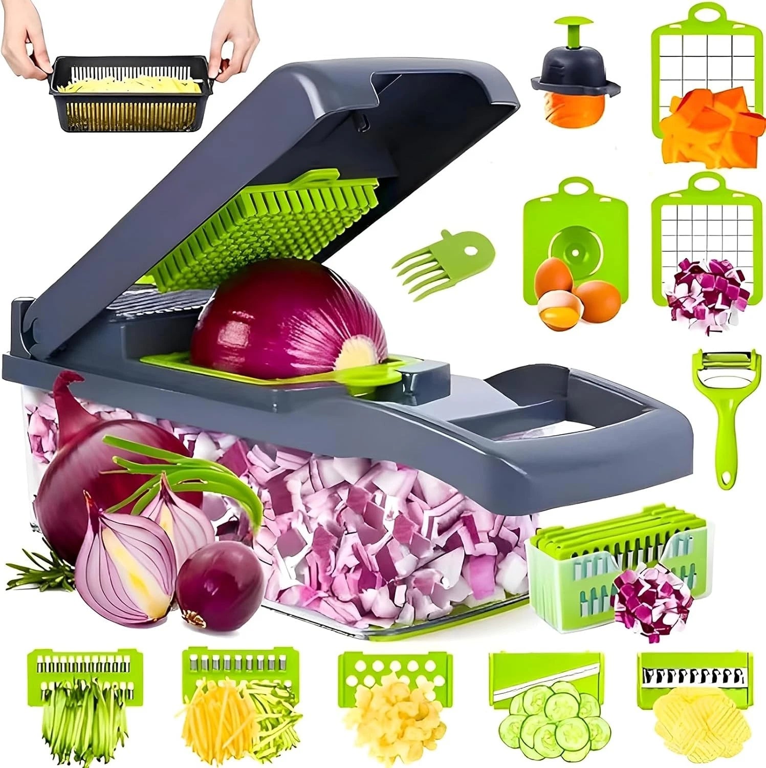 Mueller 16-in-1 Vegetable Chopper & Mandoline Slicer | Food Chopper, Onion Cutter, Cheese Grater & Kitchen Dicer with Container