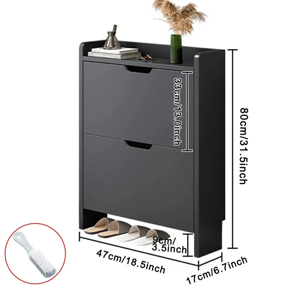 2 Drawer Wooden Shoe Storage Cabinet | Shoe Rack Cupboard Organiser Holder Stand for Hallway, Entryway & Bedroom