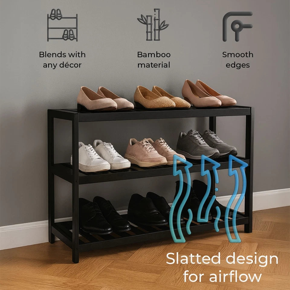 Neo 3 Tier Bamboo Shoe Rack Stand | Natural Wooden Shoe Storage Shelf for Hallway, Entryway & Closet