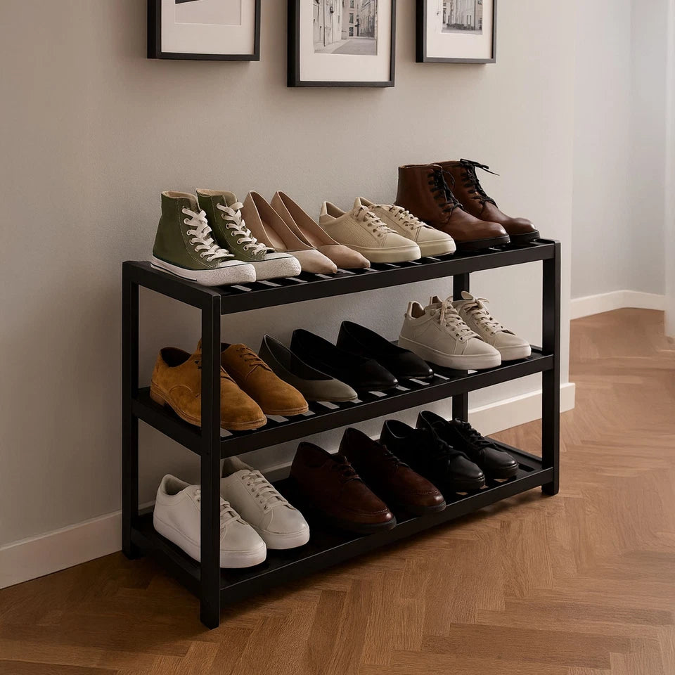 Neo 3 Tier Bamboo Shoe Rack Stand | Natural Wooden Shoe Storage Shelf for Hallway, Entryway & Closet